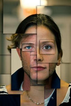 a woman's face is shown with multiple squares around her and the image has blue eyes