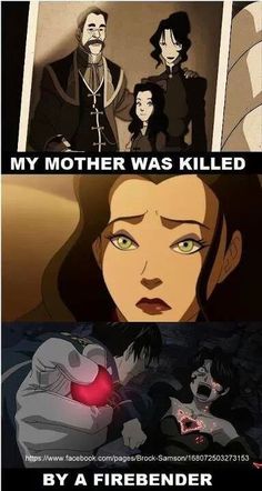 an anime scene with text that reads, my mother was killed by a firebender