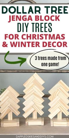 three wooden christmas trees with text overlay that says dollar tree, jenny block diy tress for christmas and winter decor