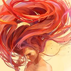 a woman with long red hair blowing in the wind, digital art work by person