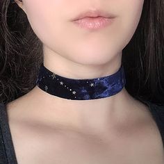 "A dark blue starry, constellation patterned velvet choker necklace featuring soft, double sided ribbon and bronze adjustable clasp. It's hard to capture on camera just how gorgeous this velvet is! Made from 1\" wide non-stretch velvet ribbon. The length shown in photos is 12\" and more options are available. Each size comes with an additional 2.5\" extender chain. For best fit, measure around the smallest part of your neck (close to center) and choose the next smallest size. If you want a custo Adjustable Star Choker For Festival, Adjustable Star-shaped Choker For Festivals, Adjustable Star Choker, Adjustable Star Shaped Choker As A Gift, Adjustable Star-shaped Choker For Gift, Adjustable Star Shaped Choker For Gift, Celestial Whimsigoth, Whimsigoth Jewelry, Choker Patterns