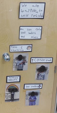 a door decorated with pictures and magnets for children to write their name on it