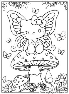 a hello kitty coloring page with mushrooms and butterflies in the background for kids to color