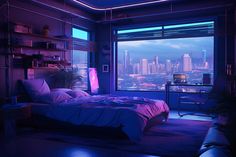 Explore the mesmerizing neon haven of this #CyberpunkSanctuary, where cityscape views and futuristic art create a unique and enchanting atmosphere. #BedroomDesign #Cyberpunk Cyberpunk Architecture Interiors, Futuristic Apartment Interior Design, Futuristic Room Aesthetic, Cyberpunk Rooms, Cyberpunk House Interior, Cyberpunk Aesthetic Room, Cyberpunk Room Interiors, Futuristic Room Design, Cyberpunk Room Ideas