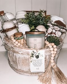 a basket filled with lots of items on top of a table