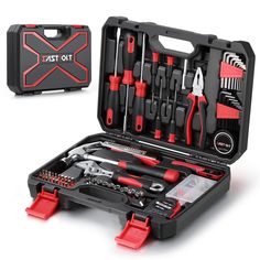 a tool kit with tools in it on a white background