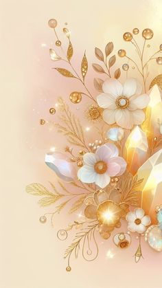 an image of a diamond surrounded by flowers and jewels on a pink background with gold accents