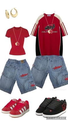 Red Football Jersey Outfit, Black Jorts Outfits, Jorts Womens Fit, Football Tshirt Ideas, Coordinated Outfits, Japanese Couple, Couple Matching Outfits, Wine White, Couple Fits