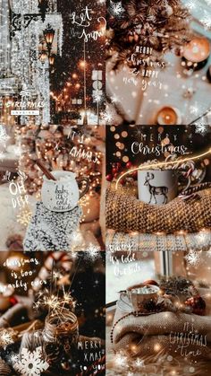 a collage of photos with christmas decorations and ornaments on it, including coffee mugs