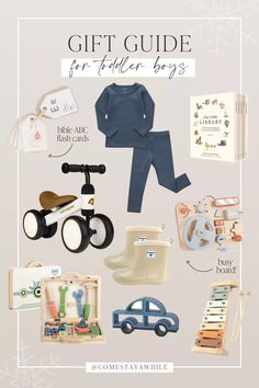 the gift guide for toddlers boys is shown in this graphic style, including toys and books