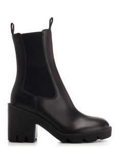 "Stride" Chelsea boots in matte black leather from Burberry, with round toe, side elastic bands, chunky rubber heel. Jimmy Choo Bag, Slip On Boots, Prada Shoes, Sneaker Wedge, Boots For Women, Rubber Heels, Manolo Blahnik, Boot Shoes Women, High Heel Shoes