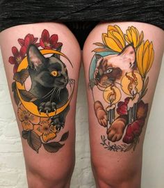 two tattoos on the legs of women with cats and flowers around them, one is black