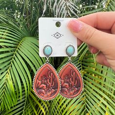 -Teardrop leather stud earrings Concho Drop Earrings, Concho Dangle Earrings For Gift, Brown Teardrop Single Earring, Arizona, Stud Earrings, Leather