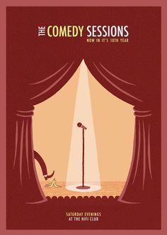 the comedy session poster with a microphone in front of an open curtain and light coming from it