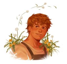 a painting of a boy with flowers in his hair