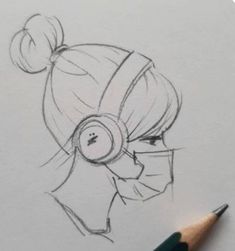 a pencil drawing of a girl with headphones