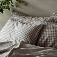 an unmade bed with two pillows and a plant hanging on the wall