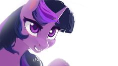 an animated pony with purple hair and big eyes