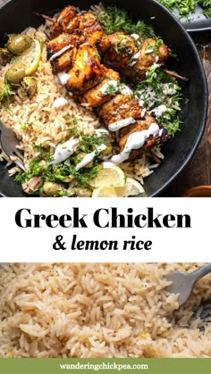 greek chicken and lemon rice in a skillet on a wooden table with text overlay