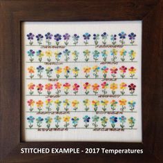 a cross stitch pattern with flowers on it in a wooden frame and the words stitched example