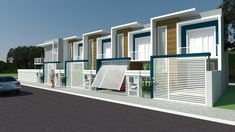 an artist's rendering of a row of townhouses with cars parked on the street