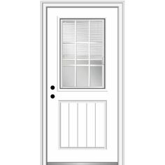 a white front door with blinds on the side