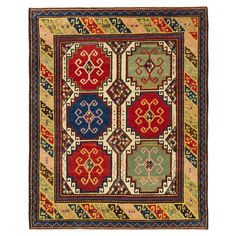 The source of the rug comes from the book Tapis du Caucase – Rugs of the Caucasus, Ian Bennett & Aziz Bassoul, The Nicholas Sursock Museum, Beirut, Lebanon 2003, nr.24 and Oriental Rugs Volume 1 Caucasian, Ian Bennett, Oriental Textile Press, Aberdeen 1993, nr.68 and Caucasian Carpets, E. Gans-Reudin, Thames and Hudson, Switzerland 1986, pg.118. This is a famous, and ubiquitous, design of hooked polygons with crosses (called ‘Memling (Memlinc) gül‘) from the late 19th century, Kazak region, Caucasus area. It is often difficult to distinguish between rugs woven in the Kazak, Karabakh, Genje, and Moghan districts. Rugs with rows of stepped and hooked rectangles within octagons (the so-called "Memling gül” named after the 15th-century Flemish artist Hans Memling, in some of whose paintings su Armenian Rug Pattern, Chinese Art Deco Rug, Antique Caucasian Rug, Beirut, Italian Painters, Caucasian Rug, Aberdeen, Handmade Kilim Rugs Kilim.com, Medallion Design