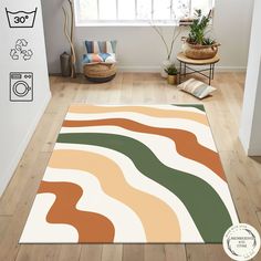 an area rug in the middle of a room with wood flooring and white walls