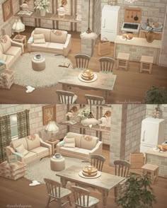 two pictures of a living room and kitchen