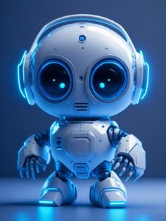 a robot with headphones and glowing eyes