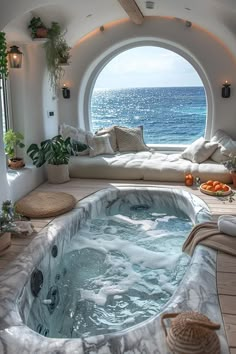 an indoor hot tub in the middle of a room with a large window overlooking the ocean