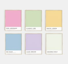 six different shades of pastel paint on white paper with text that reads pink lemonade, pastel lemonade, lilac orchid, and coconut milk