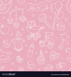 seamless pattern with baby items and balloons on pink background stock photo - 547981