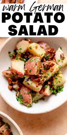 two bowls filled with potato salad on top of a table