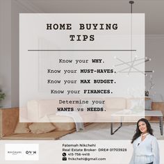 a woman standing in front of a couch with the words home buying tips on it