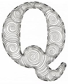 the letter q is made up of swirly spirals and has an oval shape