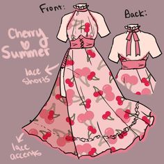 a drawing of a dress and top with the words cherry summer written below it, on a pink background