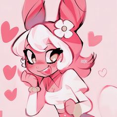 a pink cartoon character with hearts around her