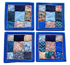 Handmade Quilted Coasters Set of 4, Blue Coasters Fabric, Cloth Coasters, Quilted Mug Rug, Quilted Coasters, Mug Coaster, Pretend Food, Handmade Baby Quilts, Fabric Coasters, Handmade Coasters