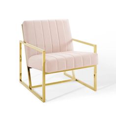 a pink chair with gold frame and legs