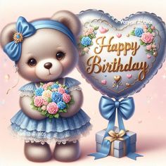 a teddy bear holding a bouquet of flowers next to a heart shaped balloon with the words happy birthday written on it