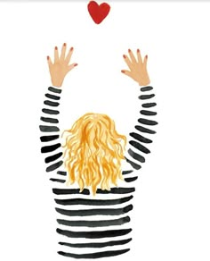 a drawing of a woman with her hands in the air and a heart above her head