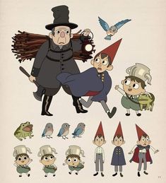 an image of cartoon characters with hats and wizard costumes on them, including one man holding a broom