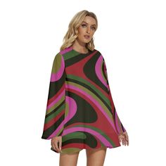 Step into the enchanting world of 70s Dress Style with our Bell Sleeve Dress, a captivating piece that encapsulates the spirit of the groovy era. This 60s 70s mini dress is a Boho Dress with a distinctive Bohemian touch, perfect for those seeking a Pink brown Hippie Dress that exudes both charm and style. The Multicolor Tent Dress features a groovy pattern print inspired by the psychedelic aesthetics of the 70s, creating a visually striking and unique look. This slip-on dress is designed for ease and comfort, complemented by bell sleeves that add a touch of vintage flair. The single button enclosure behind the neckline enhances the Bohemian feel of the dress. Crafted from chiffon and fully lined material, this Groovy 70s Style Dress ensures a luxurious feel and graceful movement. The 100% Bohemian A-line Mini Dress For Party, Retro Long Sleeve Mini Dress For Party, Mod Mini Dress For Fall, Retro Green Mini Dress, Multicolor Mod A-line Dress, Multicolor A-line Mod Dress, Retro Mini Dress For Fall Party, Long Sleeve 70s Inspired Summer Dresses, Retro Pink A-line Mini Dress