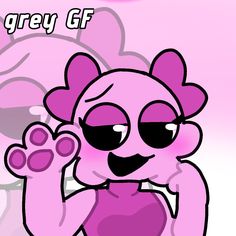 a pink cartoon character with big eyes giving the peace sign and saying grey gf