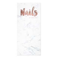 a white and pink marble bookmark with the word nails written in copper foil on it