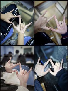 four different pictures of hands making the v sign