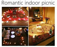 romantic indoor picnic with candles in the bathtub and flowers on the floor, wine bottle