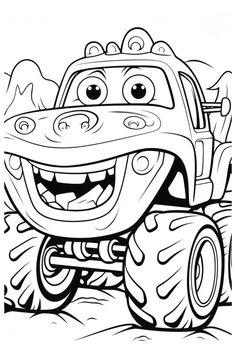 a cartoon monster truck with large wheels and big eyes on it's face, outlined in