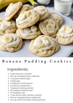 banana pudding cookies with white icing on a plate next to bananas and glass of milk